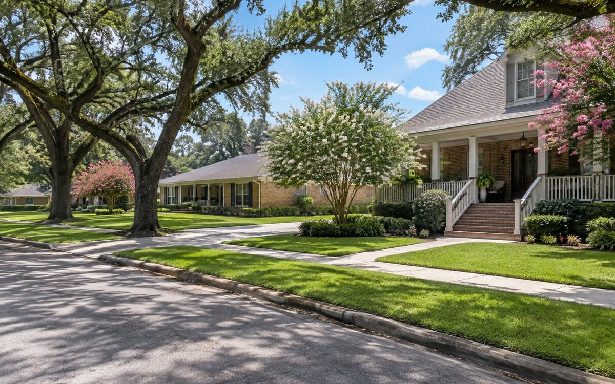 A quiet residential block under tall live oaks, with a one-story brick ranch set back on a wide lawn and a two-story house with a deep front porch and pink crape myrtles at the right.