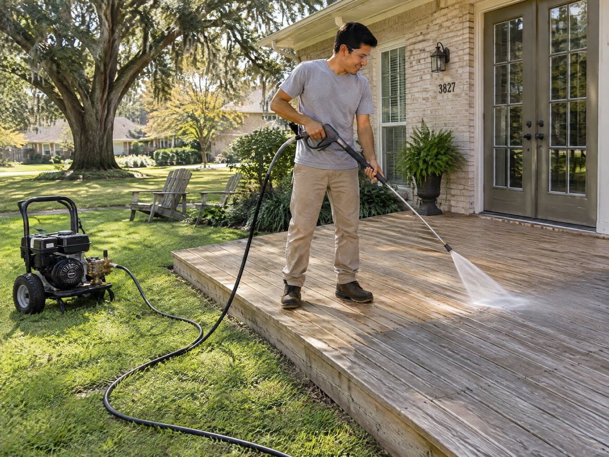 A man in safety glasses works a wand across the gray boards of a back wood deck on a deck cleaning visit, water fanning out from the tip, with a gas pressure washer on the grass below the deck.