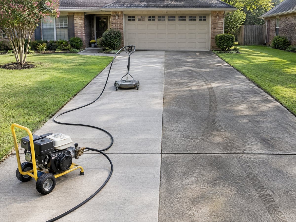 A gas pressure washer and a round surface cleaner stand on the broom-finished concrete of a two-car driveway at the start of a driveway pressure washing job, in front of a brick ranch and crape myrtles.