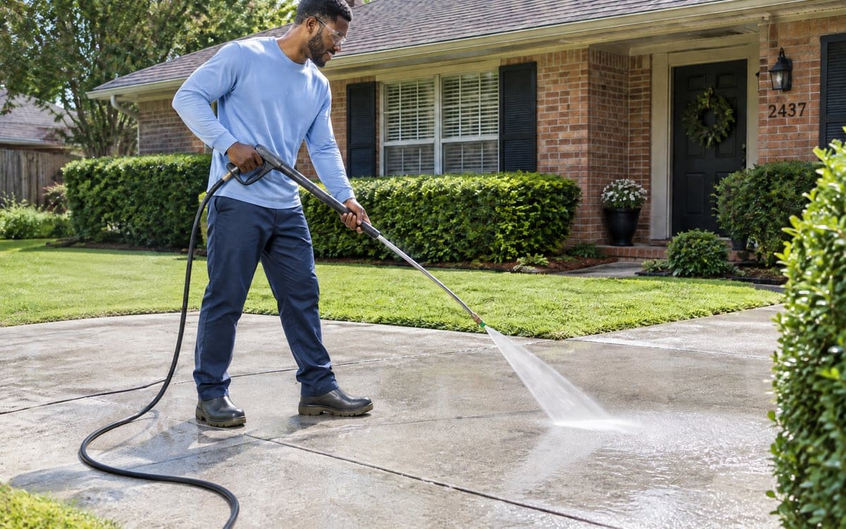 A worker guides a wand along the lawn edge of a concrete driveway, laying a wet stripe where the grass meets the slab, with a brick ranch and a door wreath behind him.