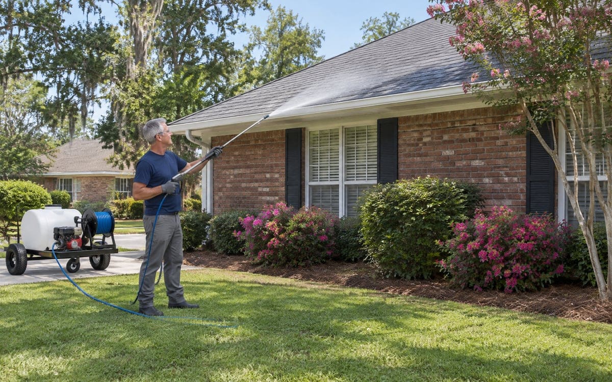 A worker on the lawn aims a low-pressure wand up at the roof edge of a brick ranch, rinsing the shingles down to the gutter, with the soft wash cart on the driveway behind him.