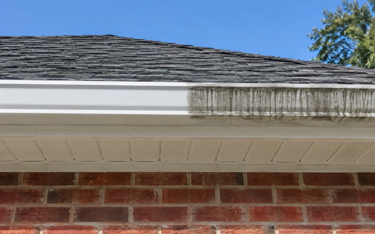 A low look up at a white aluminum gutter on a brick house, half of the gutter face already bright white and the rest still streaked with gray-black grime against the blue sky.