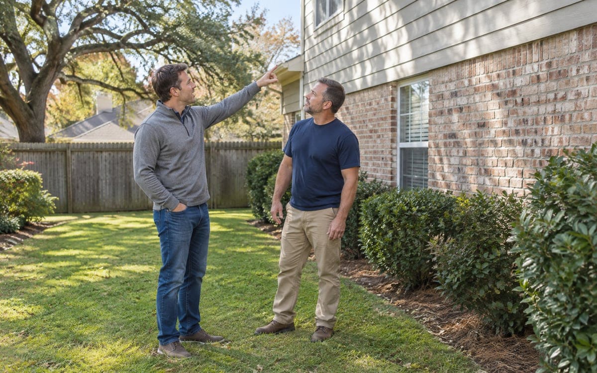 A homeowner points at the gutter of his Baton Rouge brick house for a worker on a visit from the pressure washing company.
