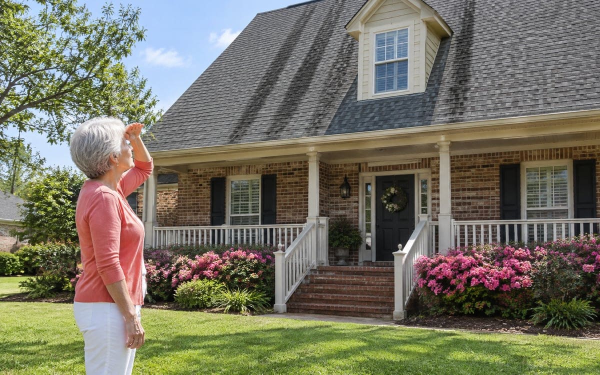A woman on the lawn shields her eyes to look up at the roof of her brick house, where black streaks run down the shingles above the gutter, pink crape myrtles banking the porch.