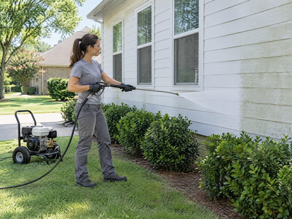 A woman in safety glasses rinses the middle courses of a white lap-siding wall on a house washing visit, the clean stripe cutting through a shaded green film, with the gas machine on the lawn behind her.