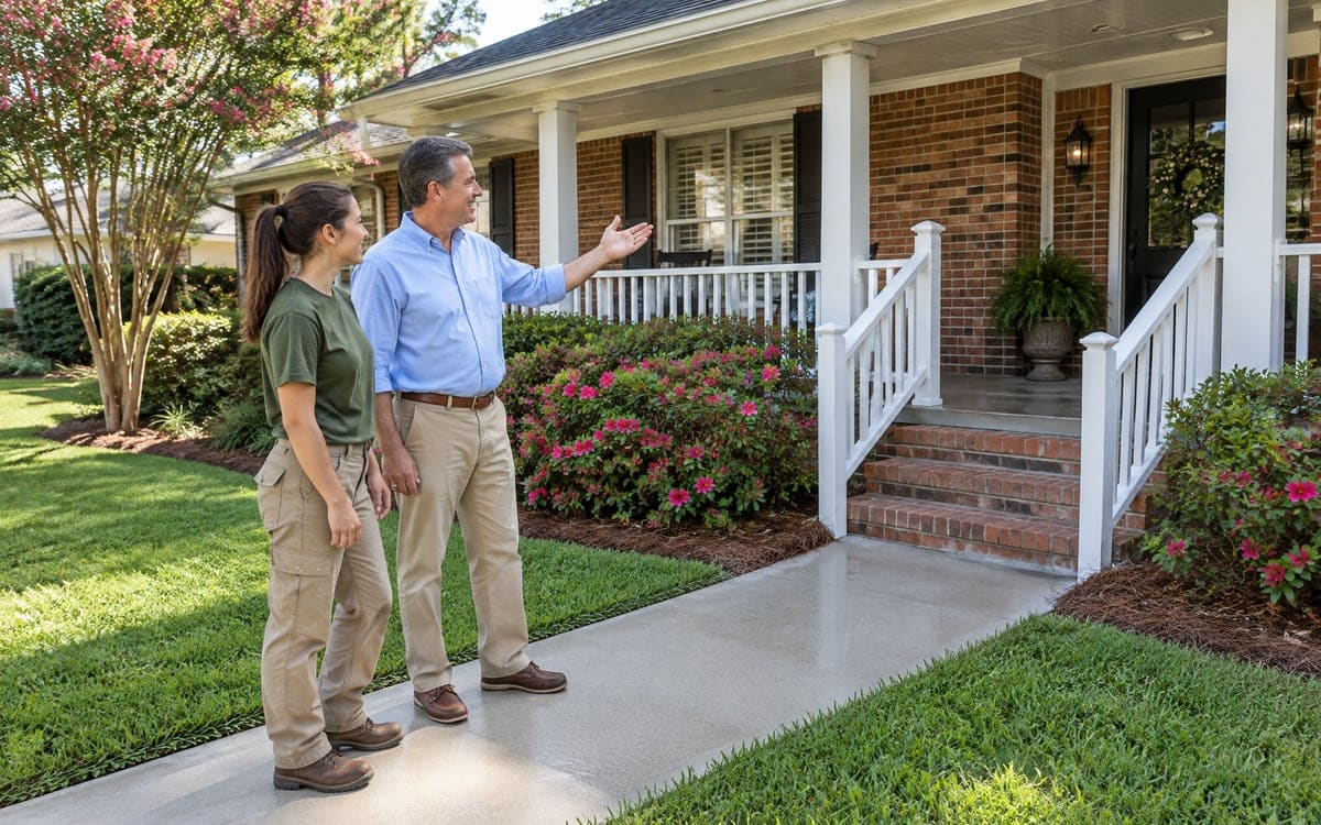 A worker and a homeowner stand together on a brick house's front walk, the homeowner gesturing up at the porch columns on a last look after a wash, with pink azaleas along the beds.