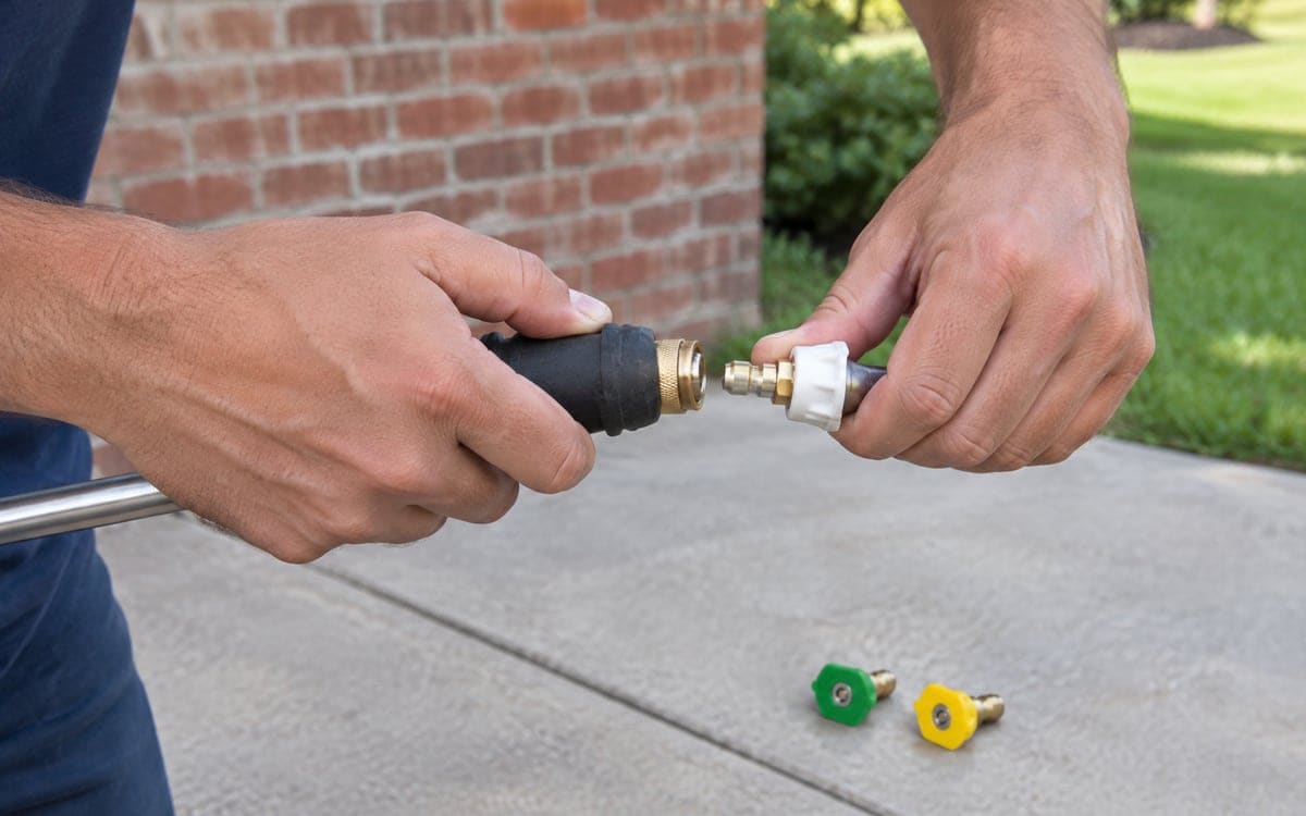 Hands snap a white quick-connect nozzle into the end of a wand, with a green tip and a yellow tip resting on the concrete below.