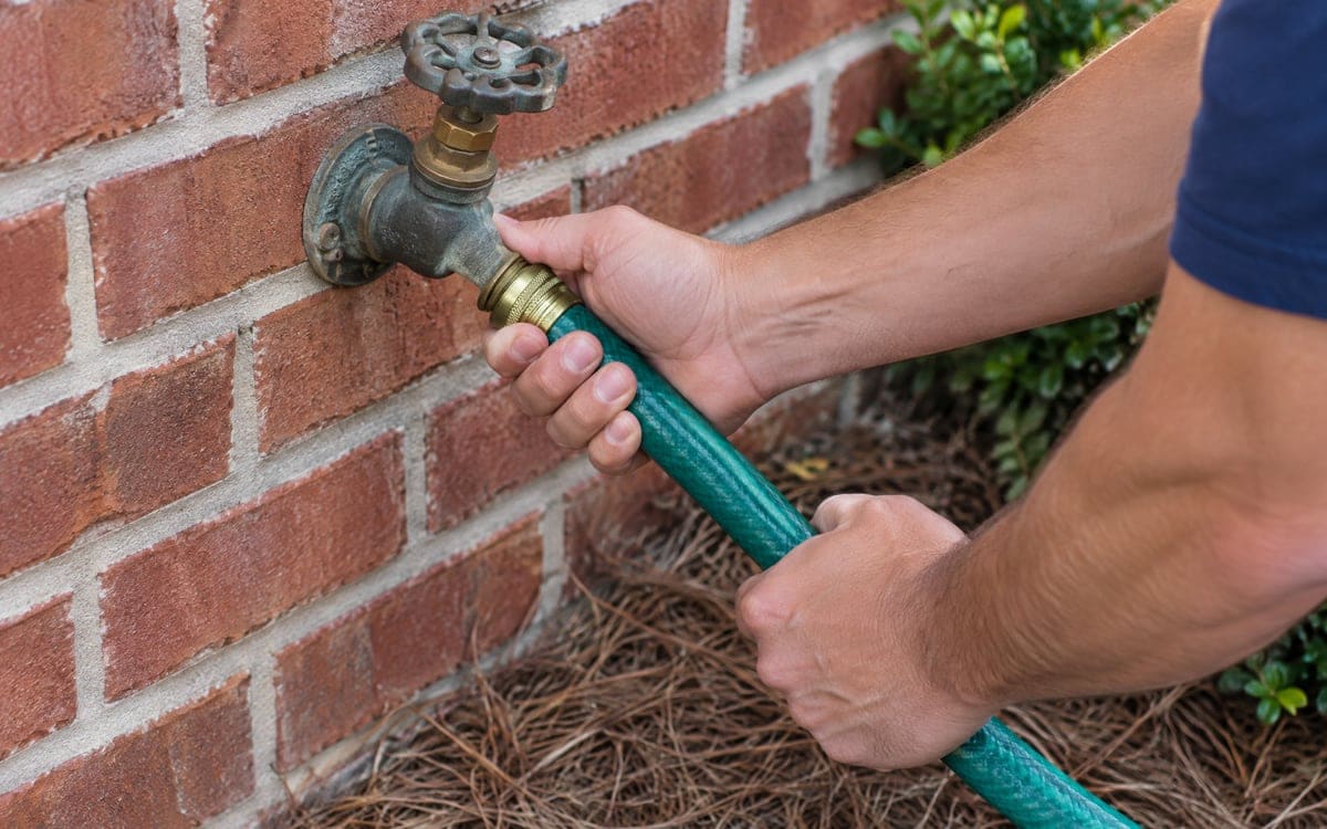 Hands thread a green garden hose onto a brass outdoor spigot low on a red brick wall, with pine straw under the hands and a boxwood to the right.
