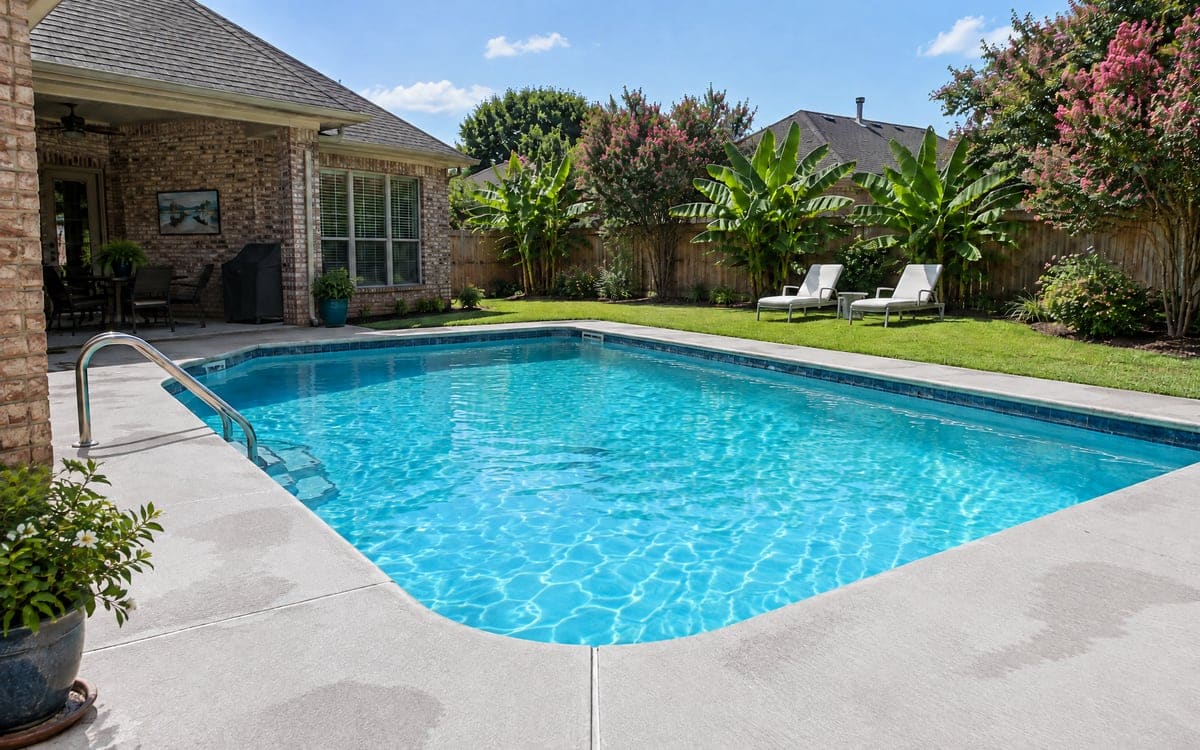 Light gray broom-finished concrete surrounds a rectangular backyard pool with a stainless ladder, with chaise lounges on the lawn and banana leaves and crape myrtles along the fence.