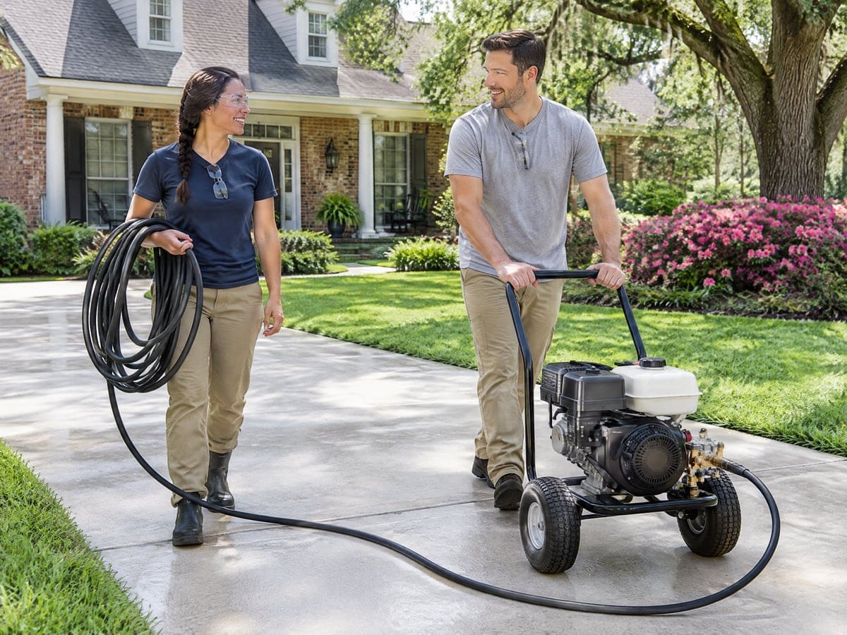 A power washing company crew on a brick house's driveway: a woman walks beside a man pushing a pressure washer by its handle, with a coiled high-pressure hose over her shoulder, under a live oak.