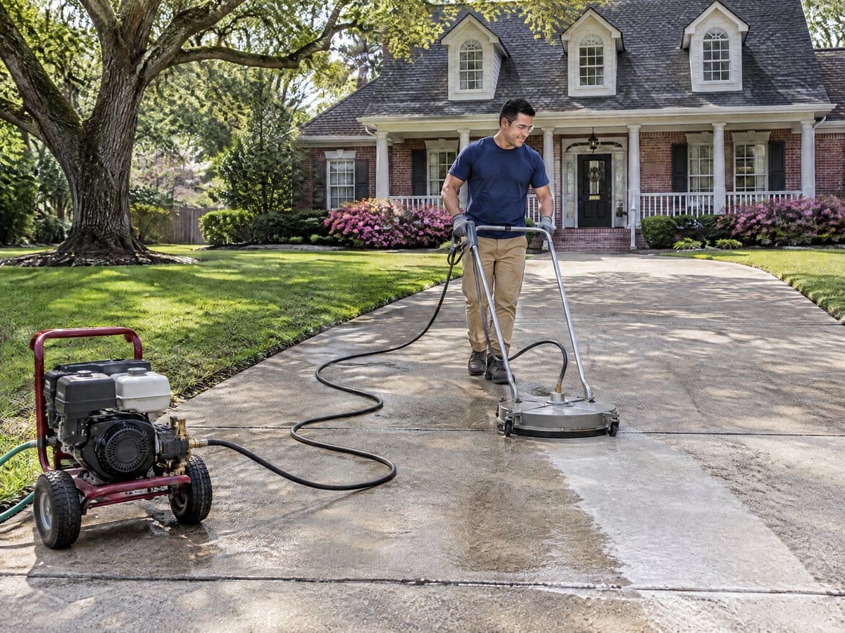 A worker guides a surface cleaner across the long concrete driveway of a brick house on a pressure washing job, the washed stripe light gray beside the darker unwashed slab, under a live oak with pink crape myrtles at the porch.