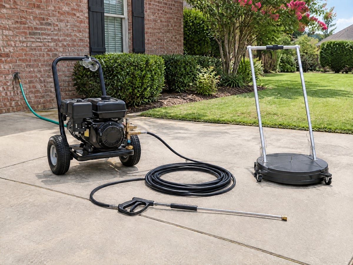 A pressure washing company's gear laid out on the concrete apron of a brick house: a gas machine on a black frame, a coiled high-pressure hose, a trigger gun with wand and a round surface cleaner on an upright handle.