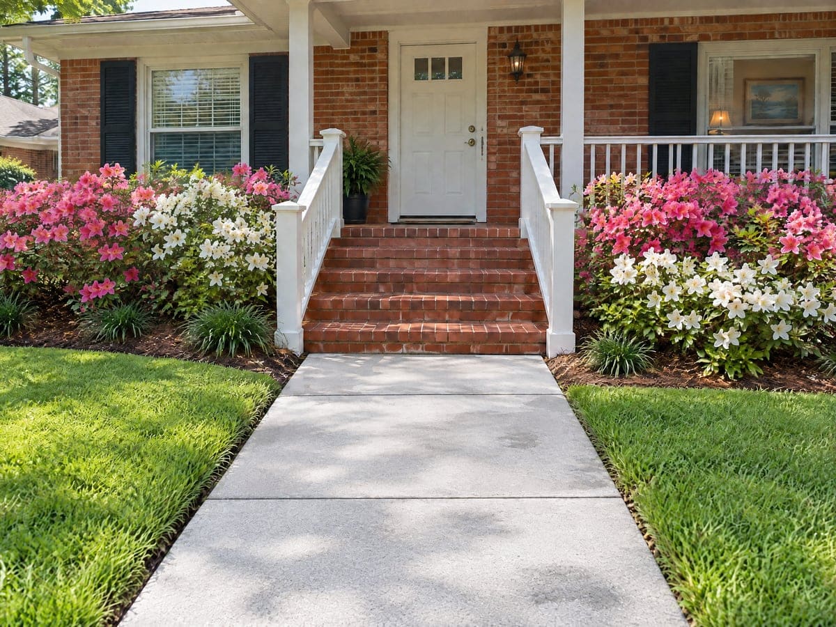 A brick ranch's front walk between banks of pink and white azaleas, brick steps rising to a white door with a lamp beside it, one of the homes in these pressure washing guides.