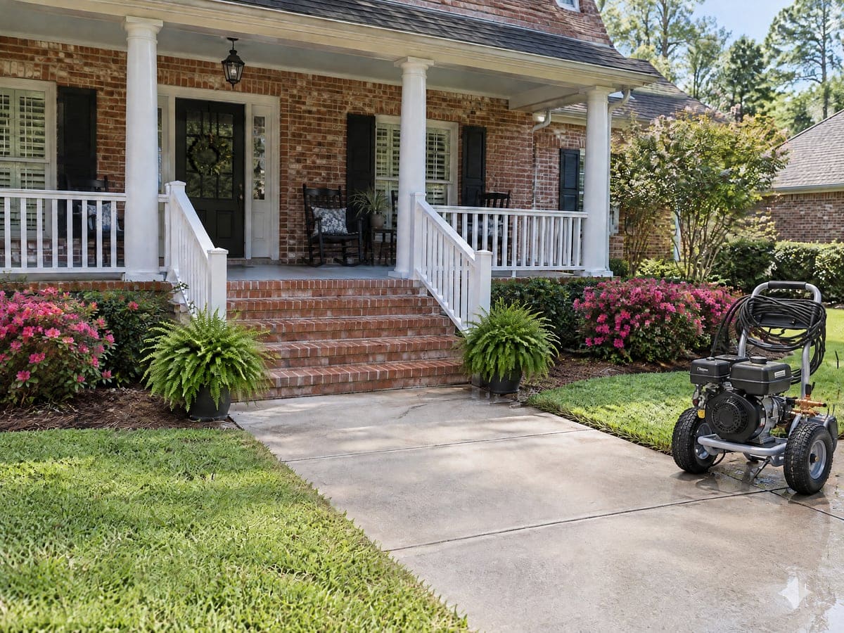 A pressure washer parked on the driveway of a brick house, pink azaleas banking the brick porch steps and ferns at the top of the stairs, a scene a homeowner's pressure washing questions grow out of.