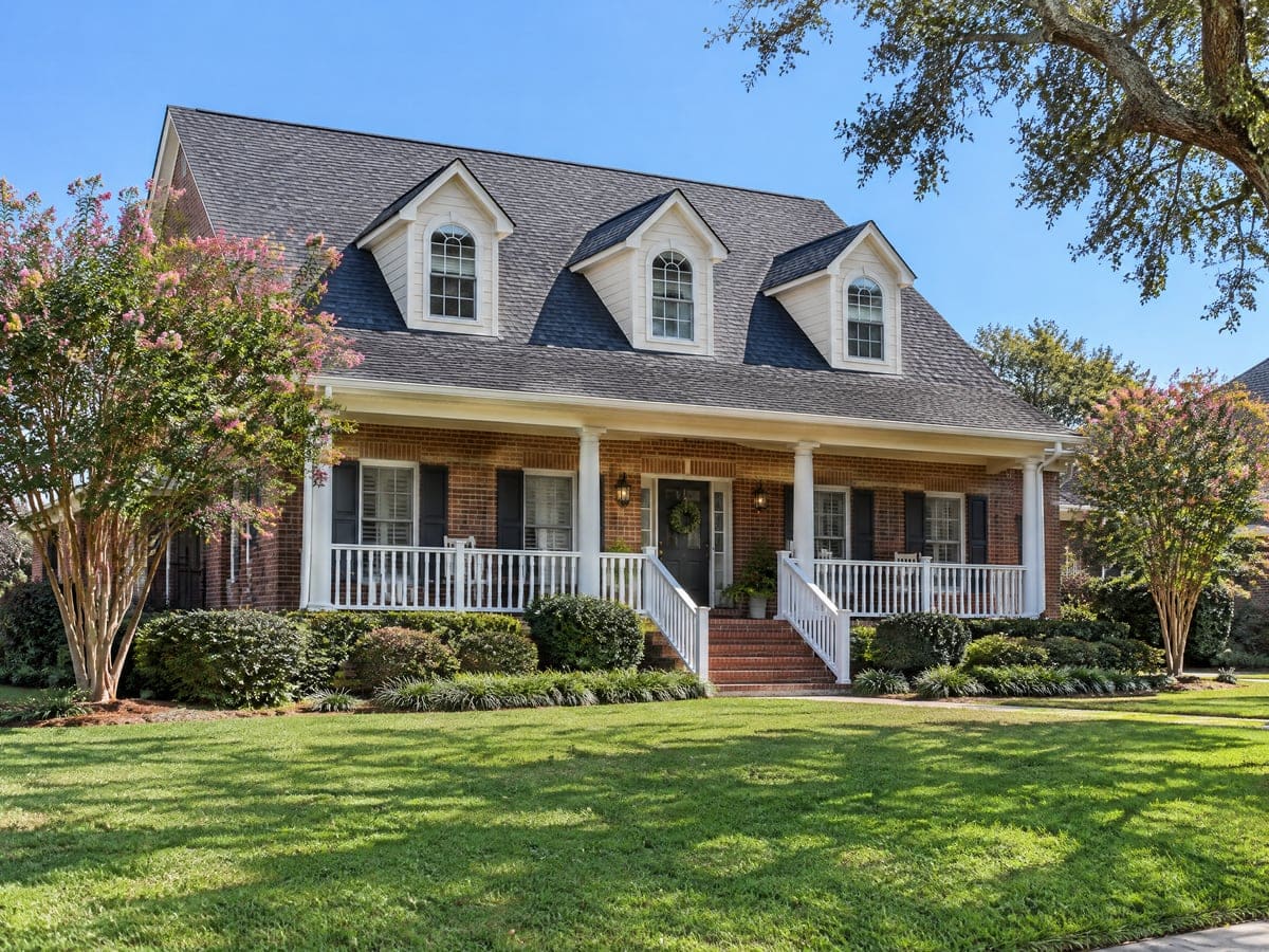 A brick house with a deep front porch and three dormers sits behind a mowed lawn, its asphalt shingle roof an even gray-black after a roof cleaning, with crape myrtles at the corners.