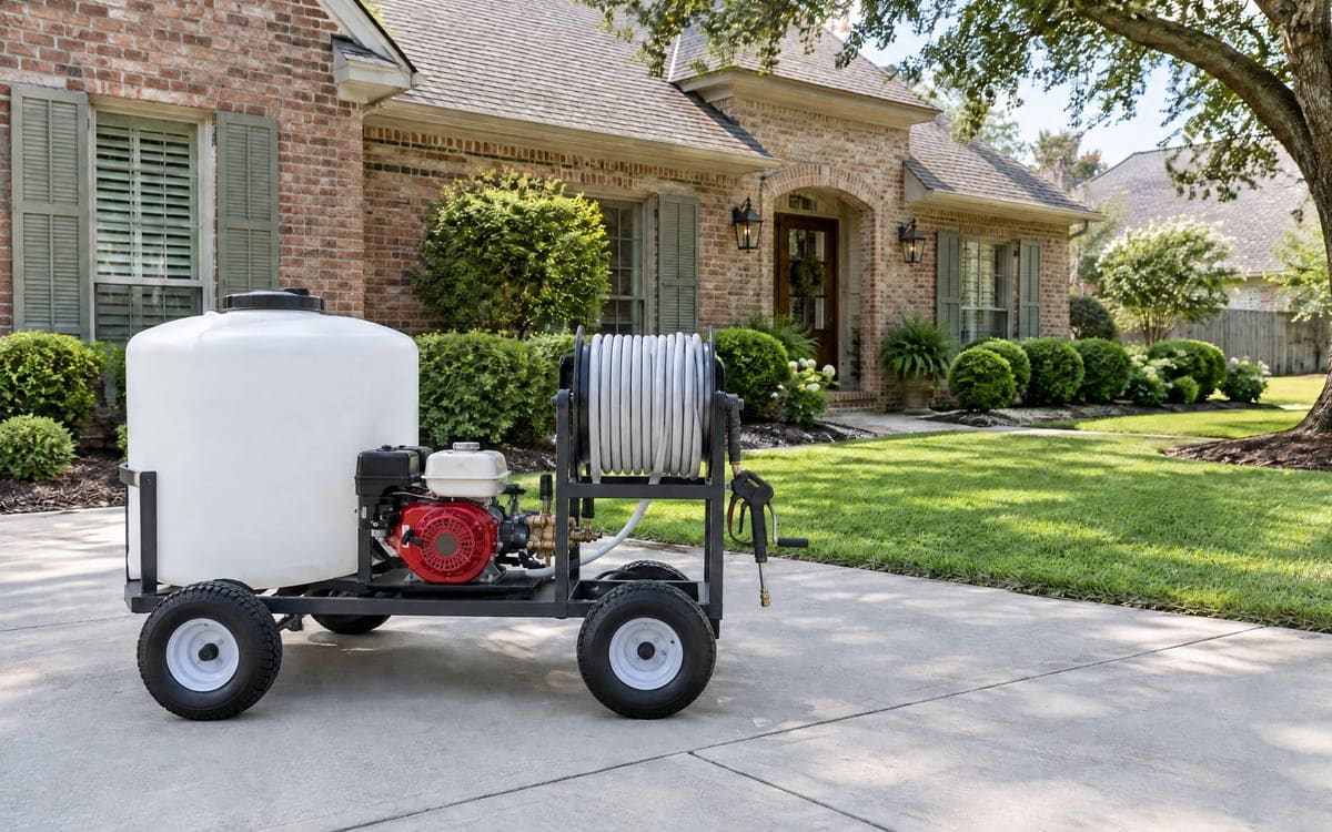 A soft wash cart on four tires sits on the broom-finished driveway of a brick house: a plain white tank, a small gas pump and a reel of hose, with no spraying under way.