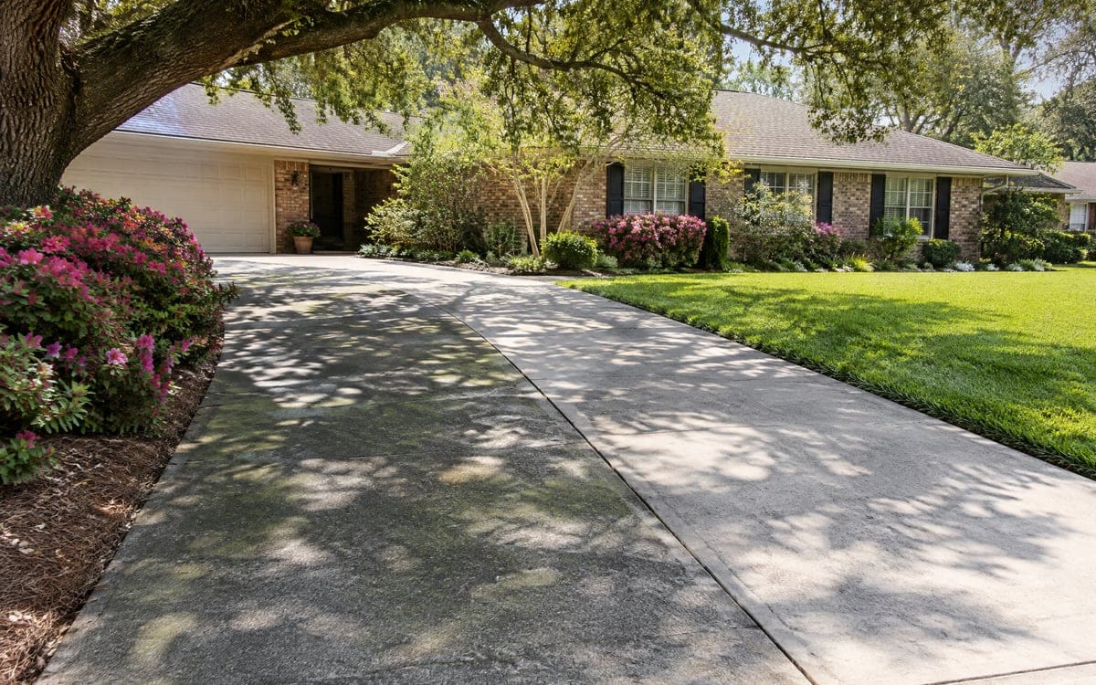 A long concrete driveway curves to the garage of a brick ranch under the deep shade of a live oak, the slab still darkened by moss and film where the leaves hold moisture.