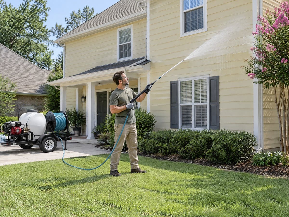 A worker on the lawn aims a soft washing wand up at the second-story siding of a pale yellow house, with a soft wash cart and plain white tank parked on the driveway.