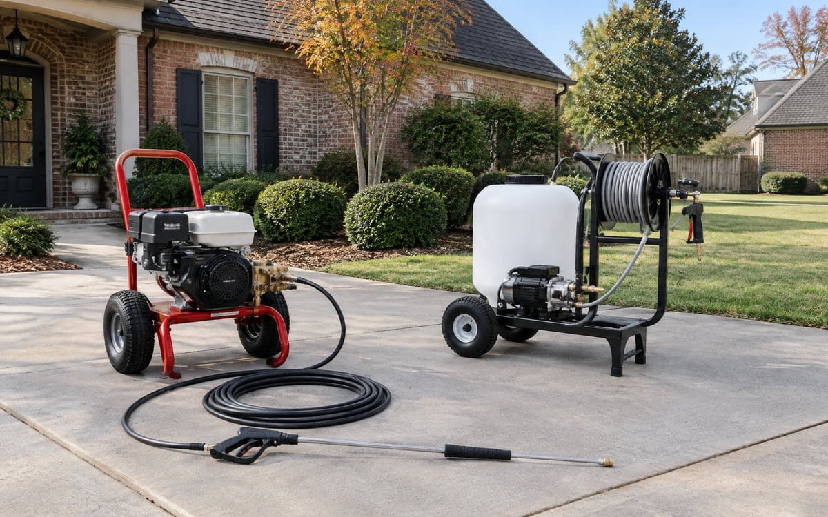 A soft washing cart with a plain white tank and a reel of hose stands beside a red-framed gas pressure washer on the driveway, with a coiled high-pressure hose and trigger gun between them.