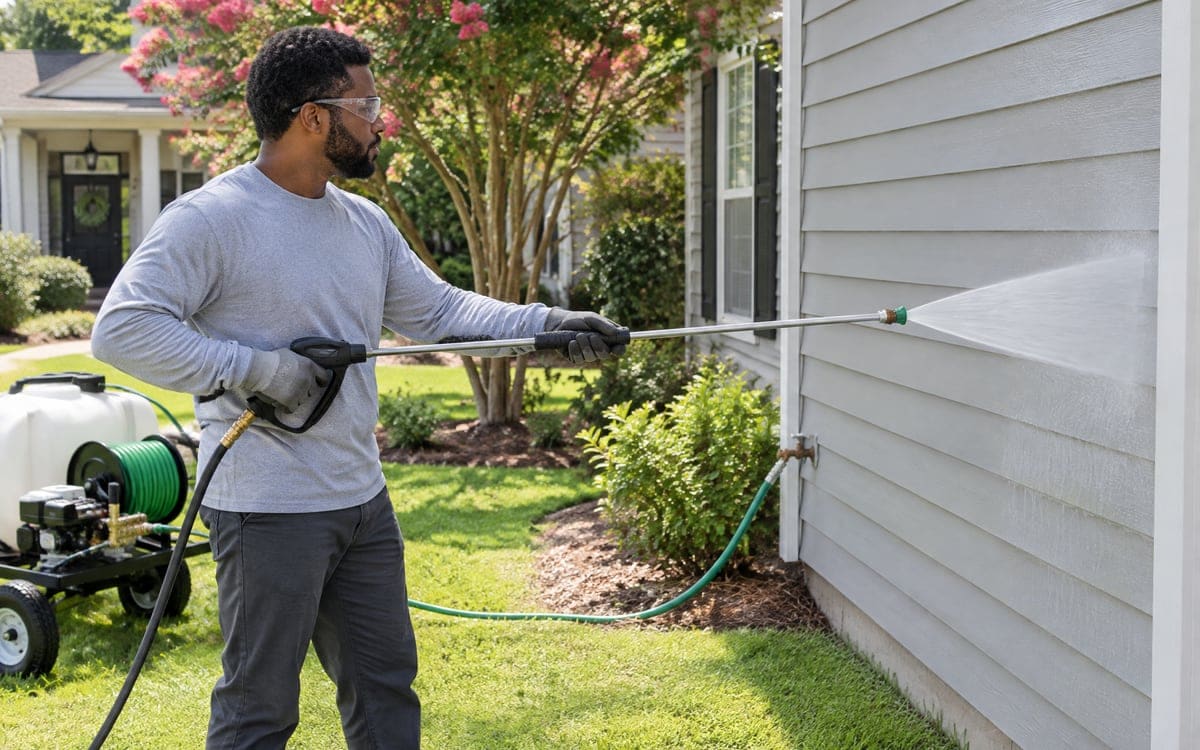 A worker in safety glasses holds a soft wash spray gun on a long wand and lays a wide fan of water across white lap siding, with the garden hose on a brass spigot at the base of the wall.