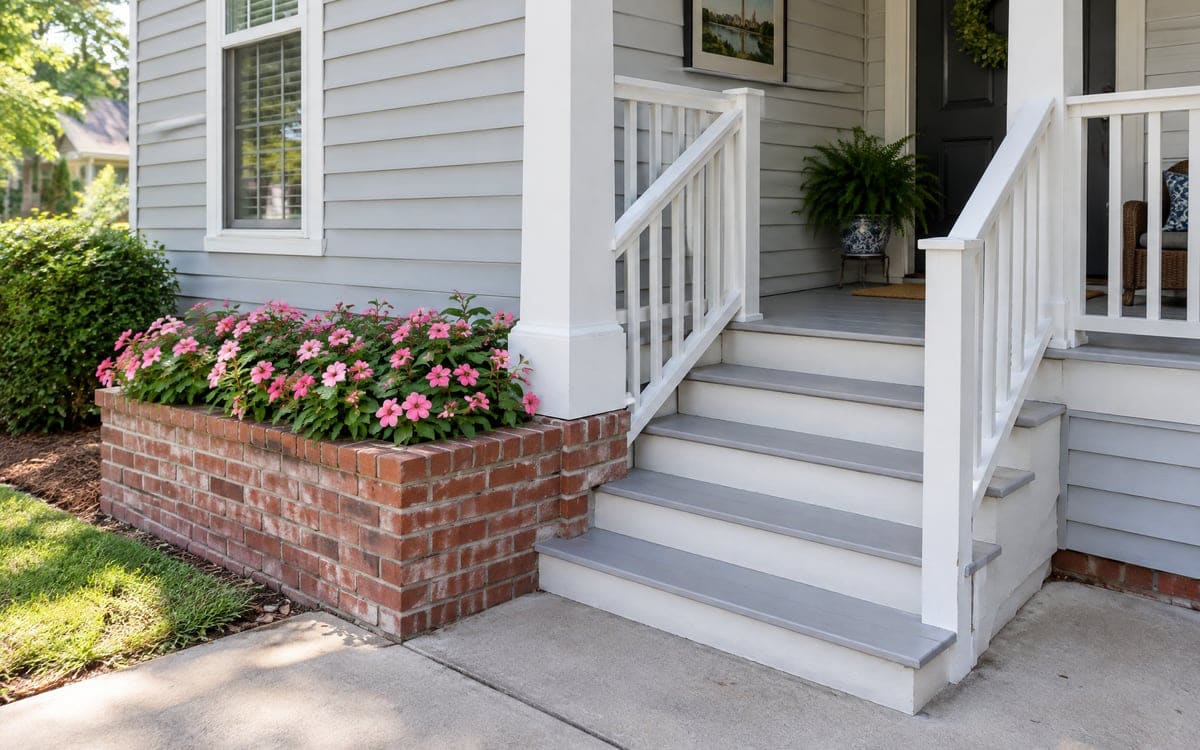 Painted gray stairs and a white spindle railing rise to the front porch of a gray lap-siding house, with a brick planter of pink impatiens tucked beside the lowest step.